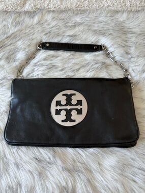 Tory Burch Reva Black Chain Leather Clutch/ Shoulder Bag with Silver Logo